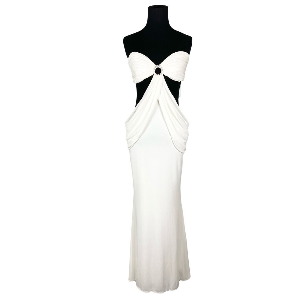 NWT BEYOND Dress Size 4 White Cut-Out Pearl Ruched Maxi-Length Wedding